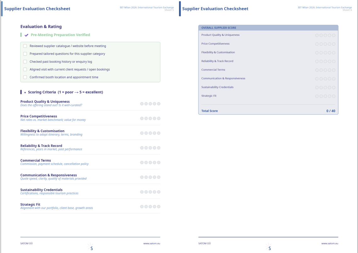 Structured evaluation checklist used by travel buyer at BIT Milan travel exhibition to assess and compare supplier offers