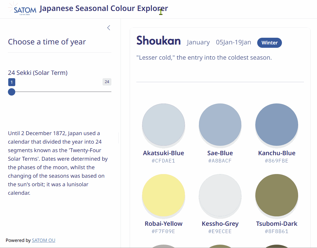 Animated demo of the Japanese colour palette explorer app changing its nine-colour seasonal palette as the slider moves
